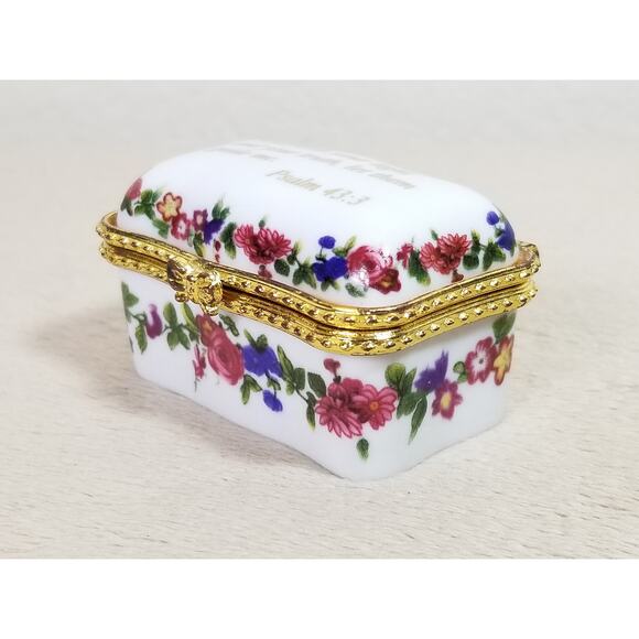 Imperial Porcelain Mini Trinket Box White Psalm 43:3 Bible Verse 2 1/2" Gold Vtg - Picture 3 of 10